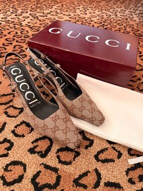 Gucci Brown Aria GG Canvas Slingback Pumps